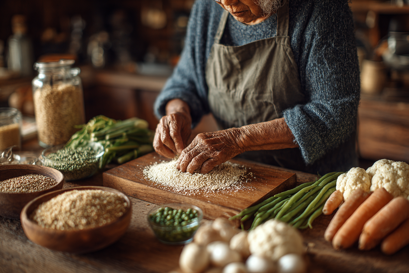 Старші люди готують здорову їжу разом